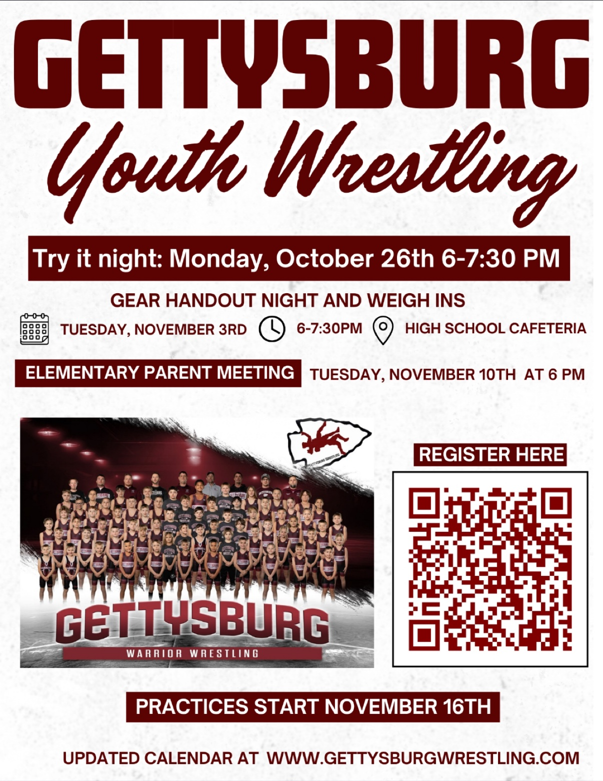 Gettysburg Youth Wrestling 2026-2027 season flyer